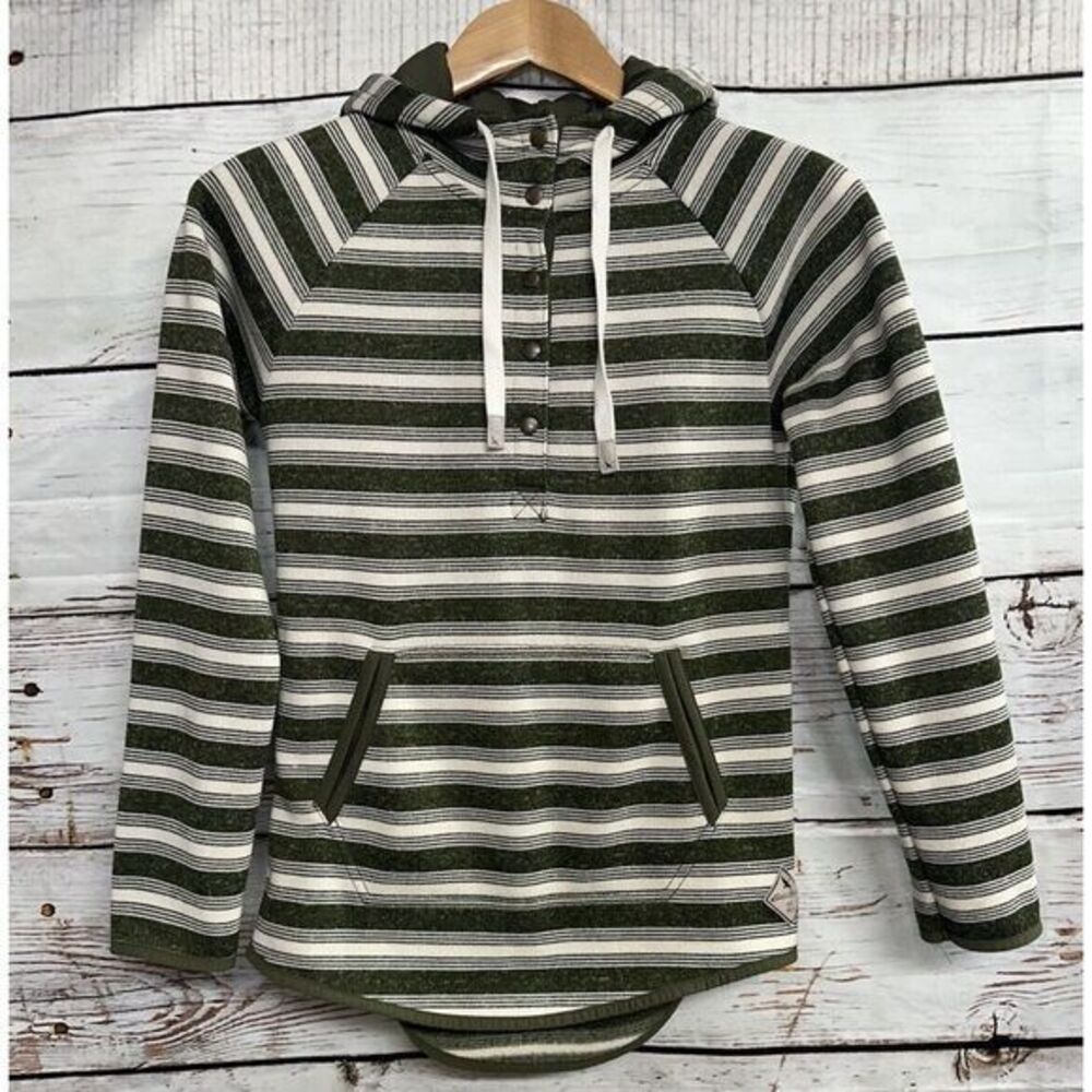 Eddie Bauer Women's Striped‎ Fleece Pullover Hoodie Sweatshirt Cream Green XS
